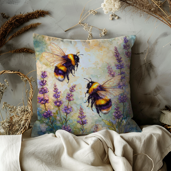 Bumblebee Lavender Pillow Cover – Cute Insect Art | Cheerful Nature Decor