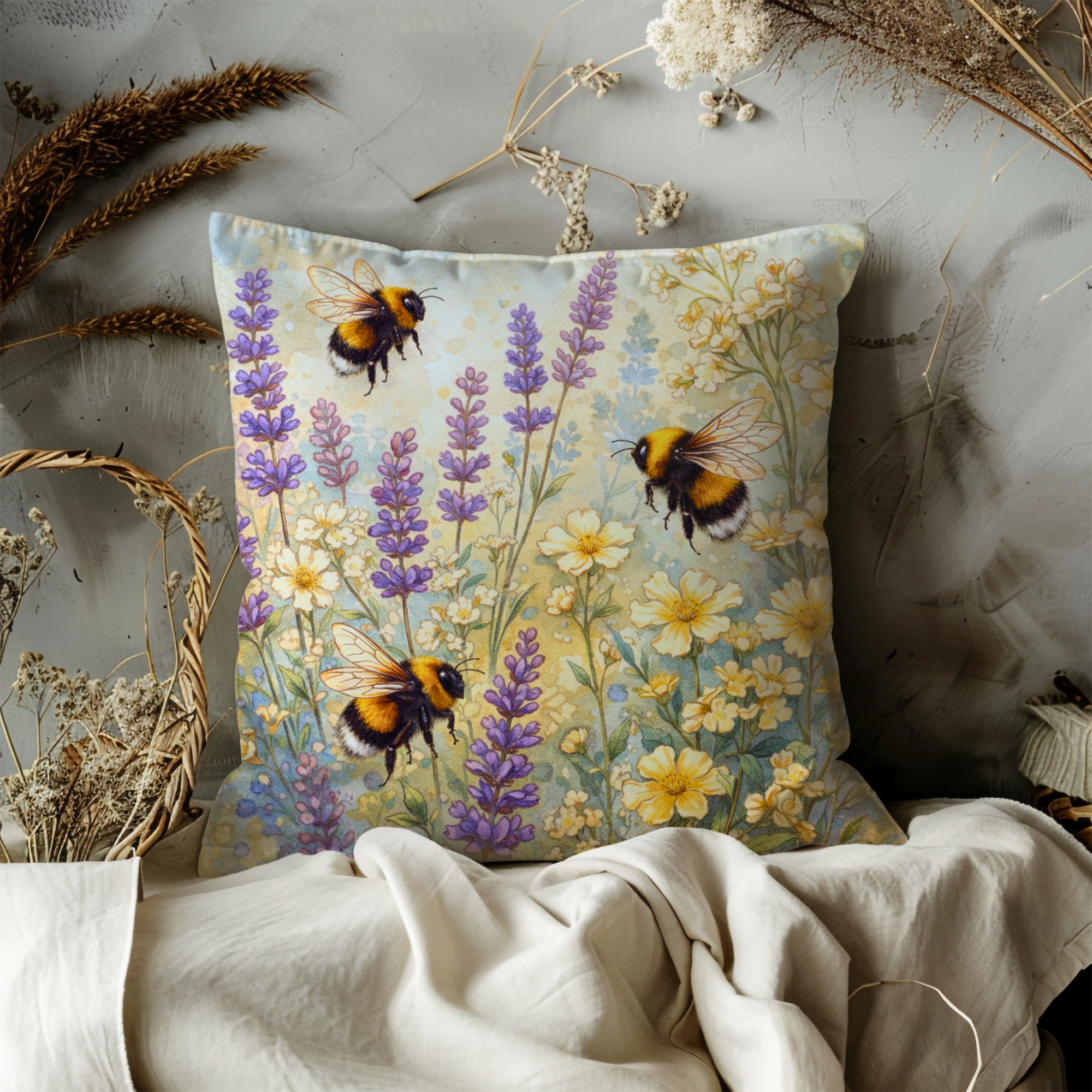 Bumblebees Flower Meadow Pillow Cover | Whimsical Insect Art | Nature Decor