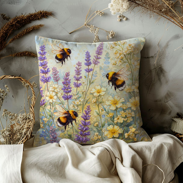 Bumblebees Flower Meadow Pillow Cover – Whimsical Insect Art | Nature Decor