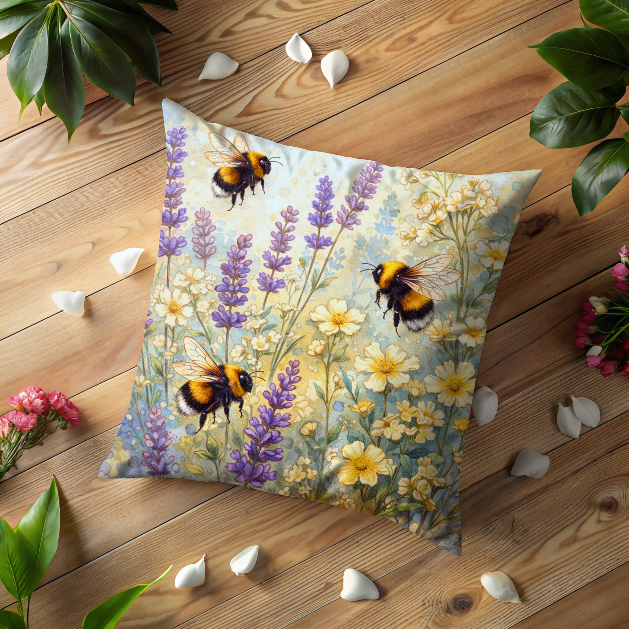 Bumblebees Flower Meadow Pillow Cover | Whimsical Insect Art | Nature Decor