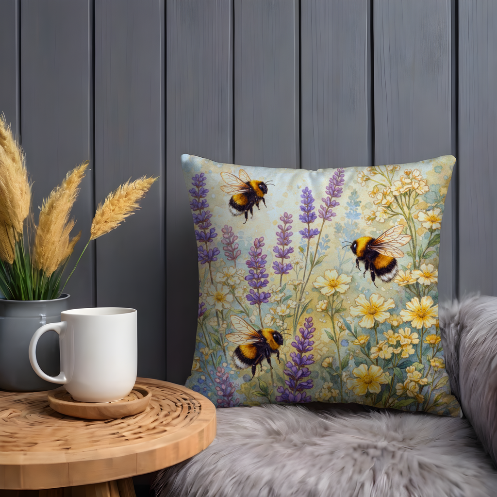 Bumblebees Flower Meadow Pillow Cover | Whimsical Insect Art | Nature Decor