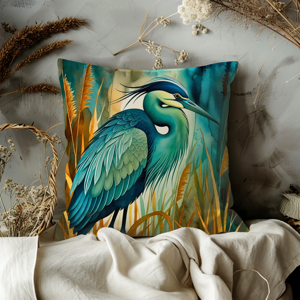 Great Blue Heron Pillow Cover – Ornate Bird Art | Wetland Decor