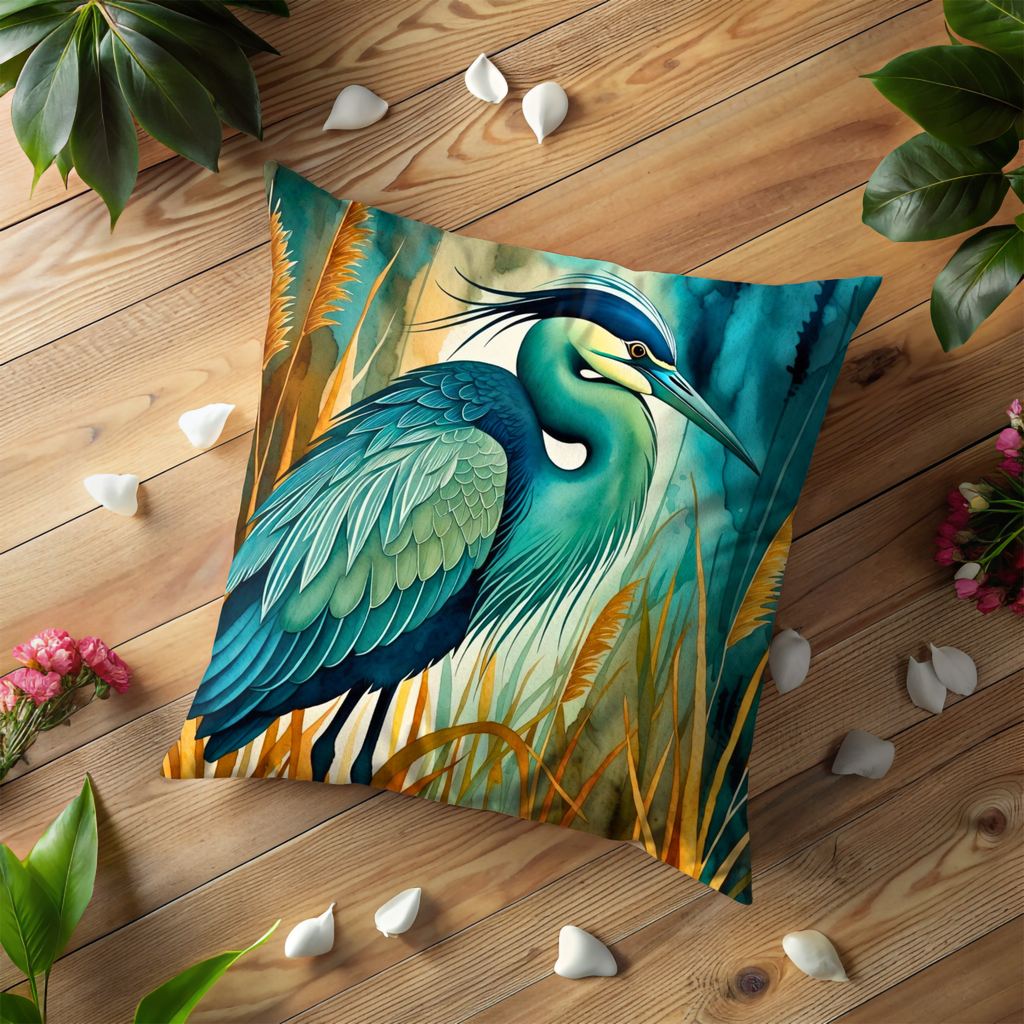 Great Blue Heron Pillow Cover | Ornate Bird Art | Wetland Decor