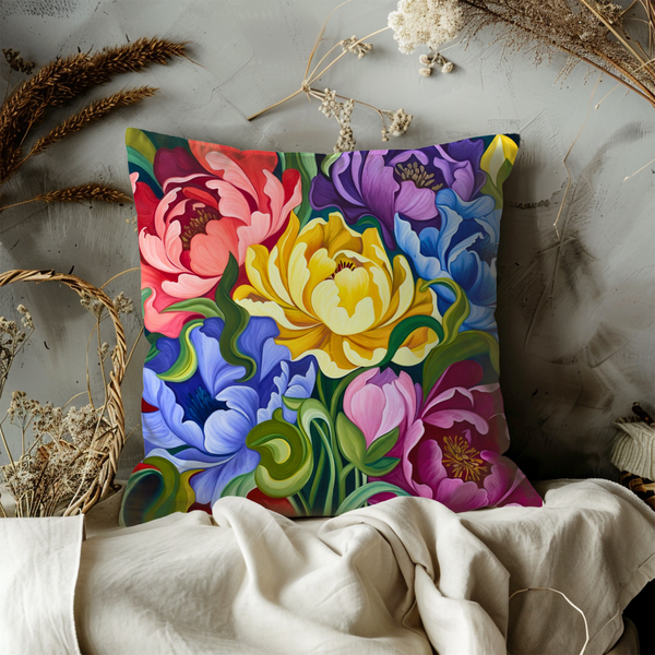 Colorful Peony Bouquet Pillow Cover – Vibrant Floral Art | Luxe Nature Decor