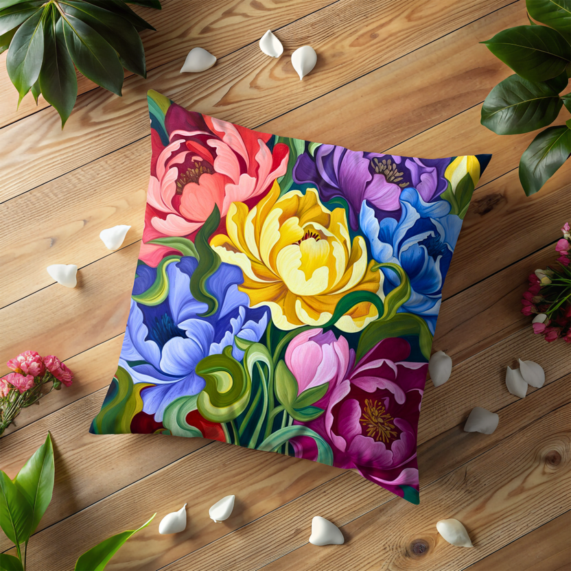 Colorful Peony Bouquet Pillow Cover – Vibrant Floral Art | Luxe Nature Decor
