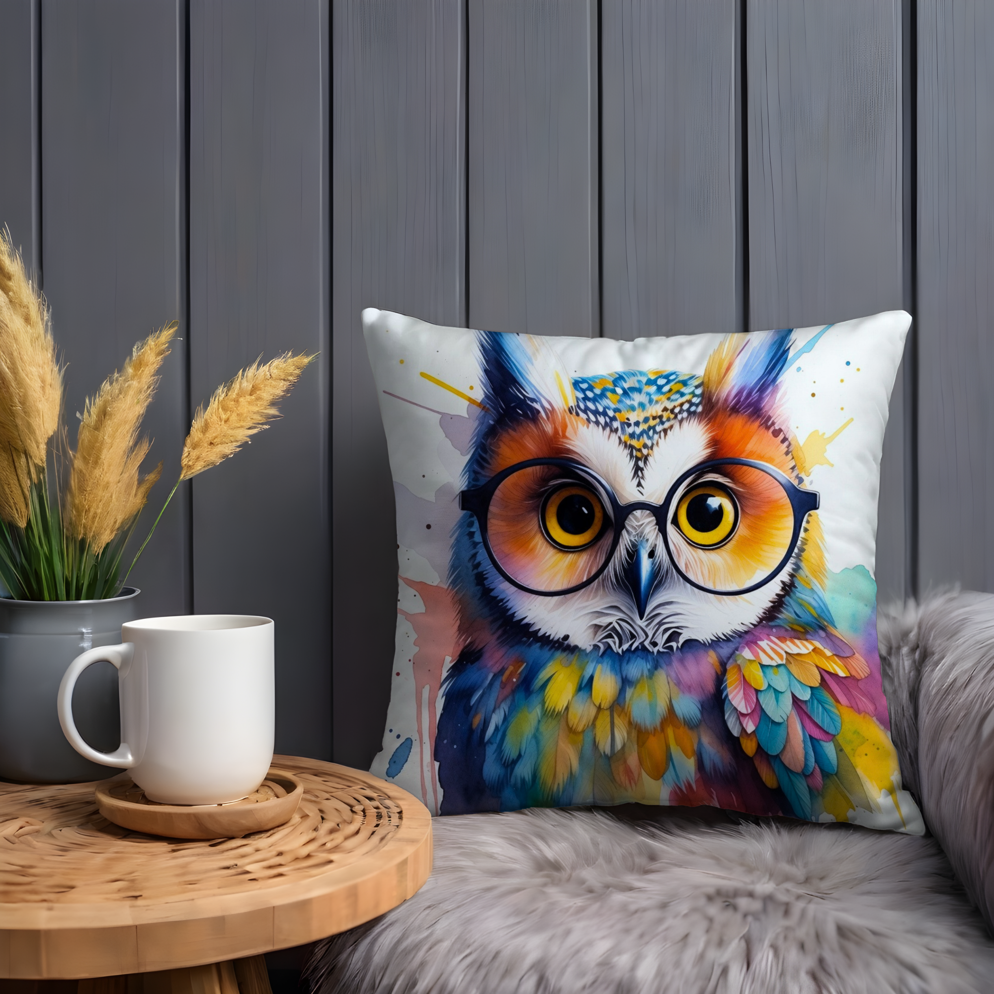 Colorful Owl with Glasses Pillow Cover | Whimsical Bird Art | Fun Decor