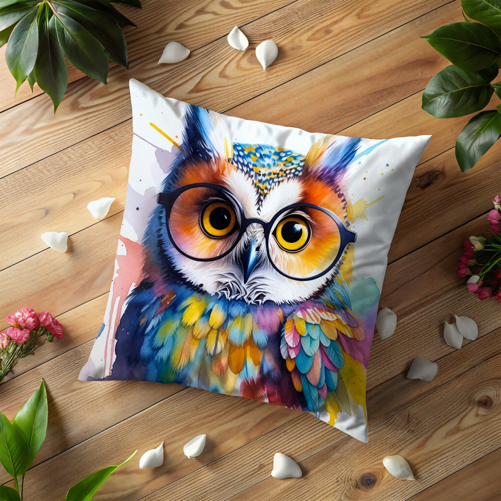 Colorful Owl with Glasses Pillow Cover | Whimsical Bird Art | Fun Decor