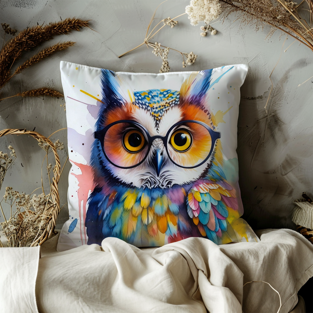 Colorful Owl with Glasses Pillow Cover | Whimsical Bird Art | Fun Decor