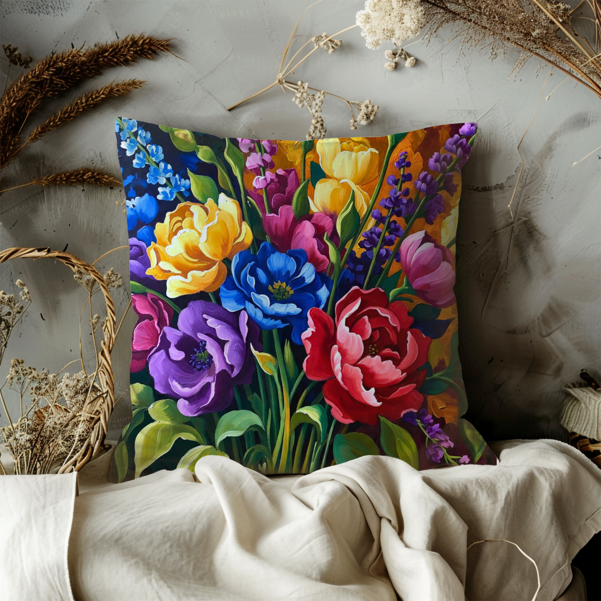 Vibrant Flower Bouquet Pillow Cover | Colorful Floral Art | Luxe Nature Decor