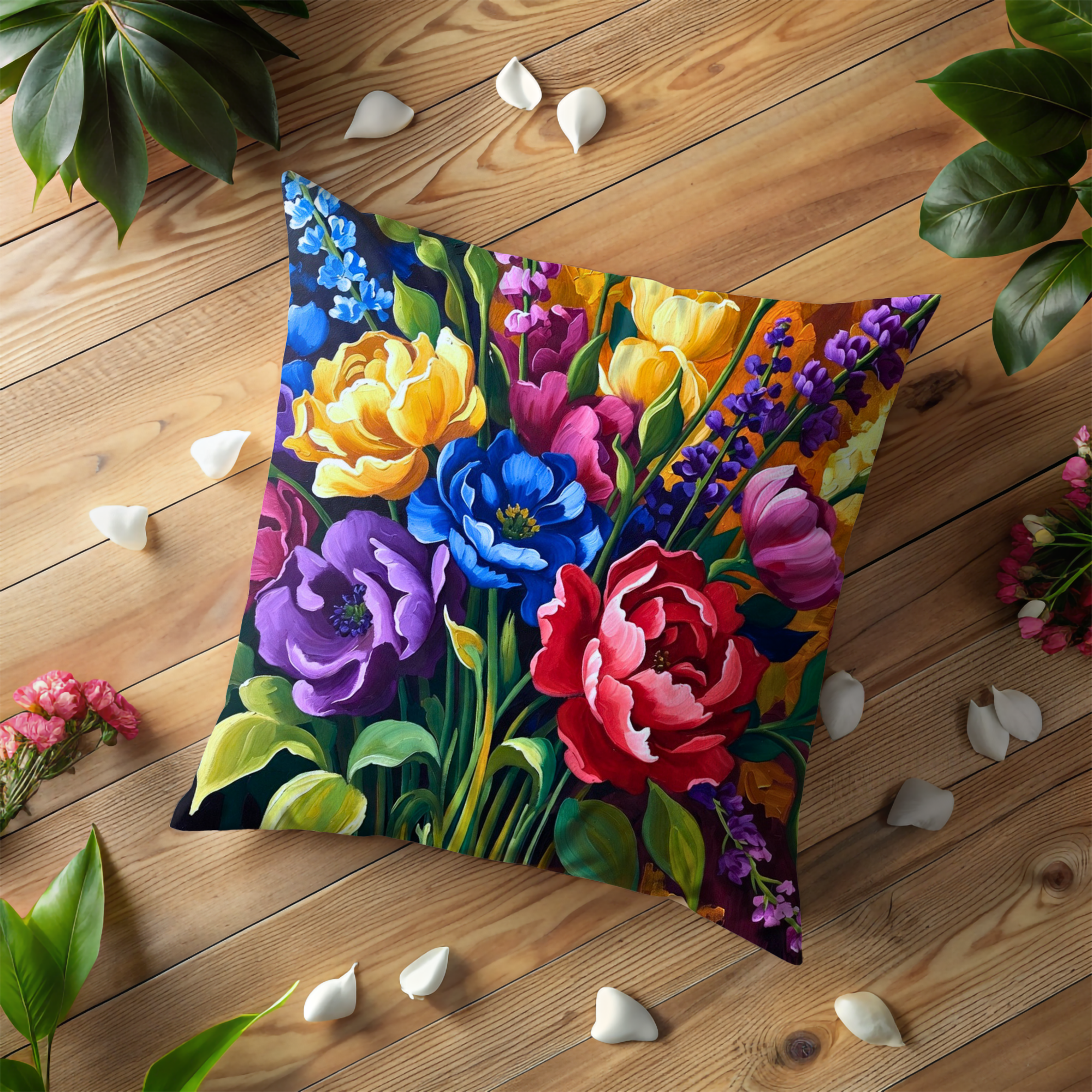 Vibrant Flower Bouquet Pillow Cover | Colorful Floral Art | Luxe Nature Decor