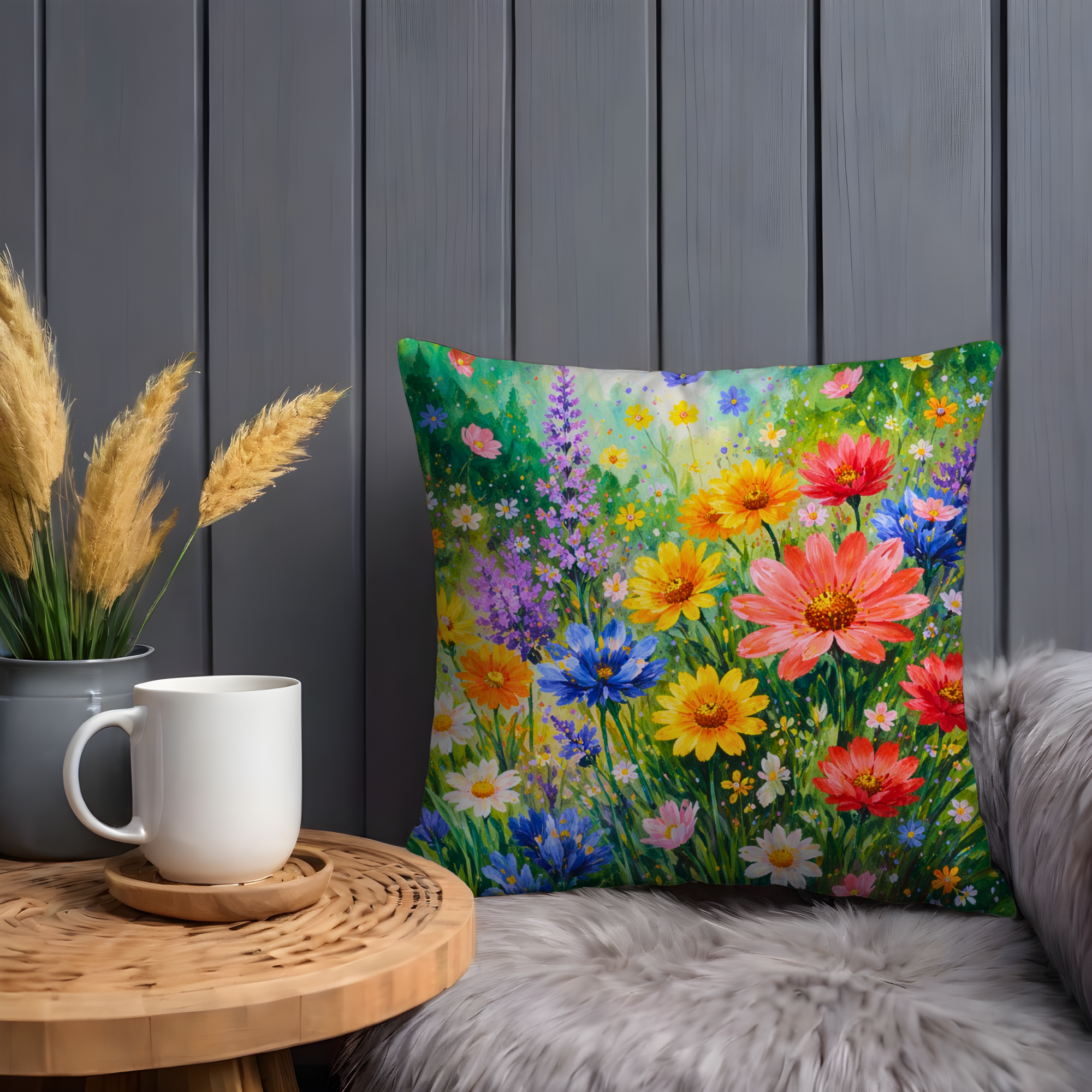 Vibrant Wildflower Meadow Pillow Cover | Colorful Floral Art | Cottagecore Decor