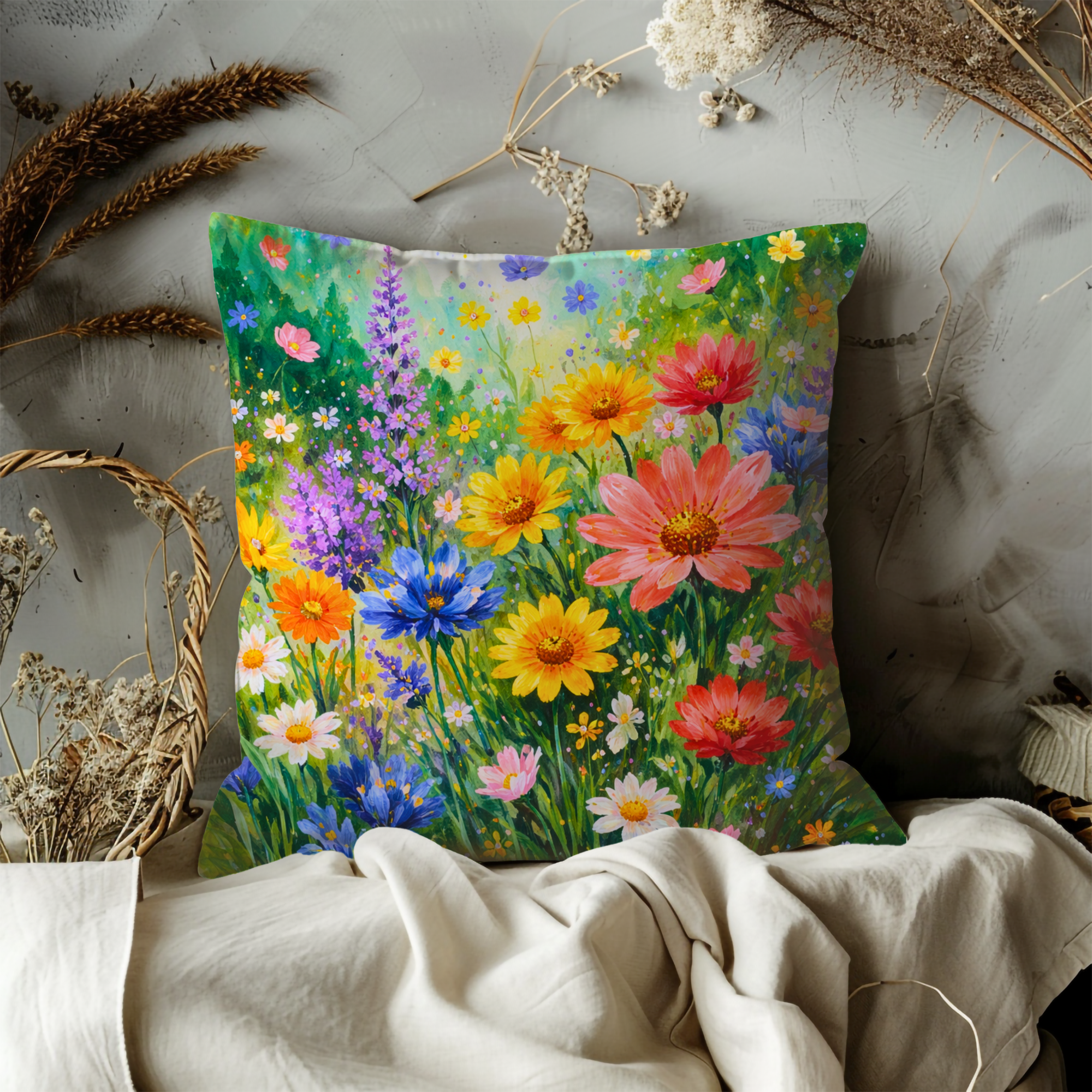 Vibrant Wildflower Meadow Pillow Cover | Colorful Floral Art | Cottagecore Decor