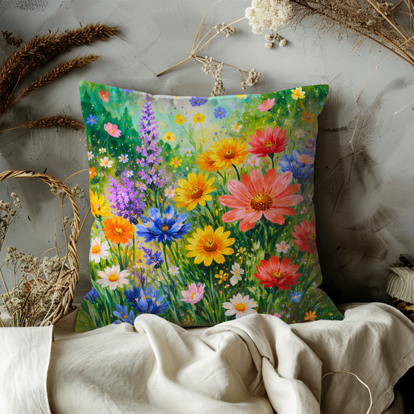 Vibrant Wildflower Meadow Pillow Cover | Colorful Floral Art | Cottagecore Decor