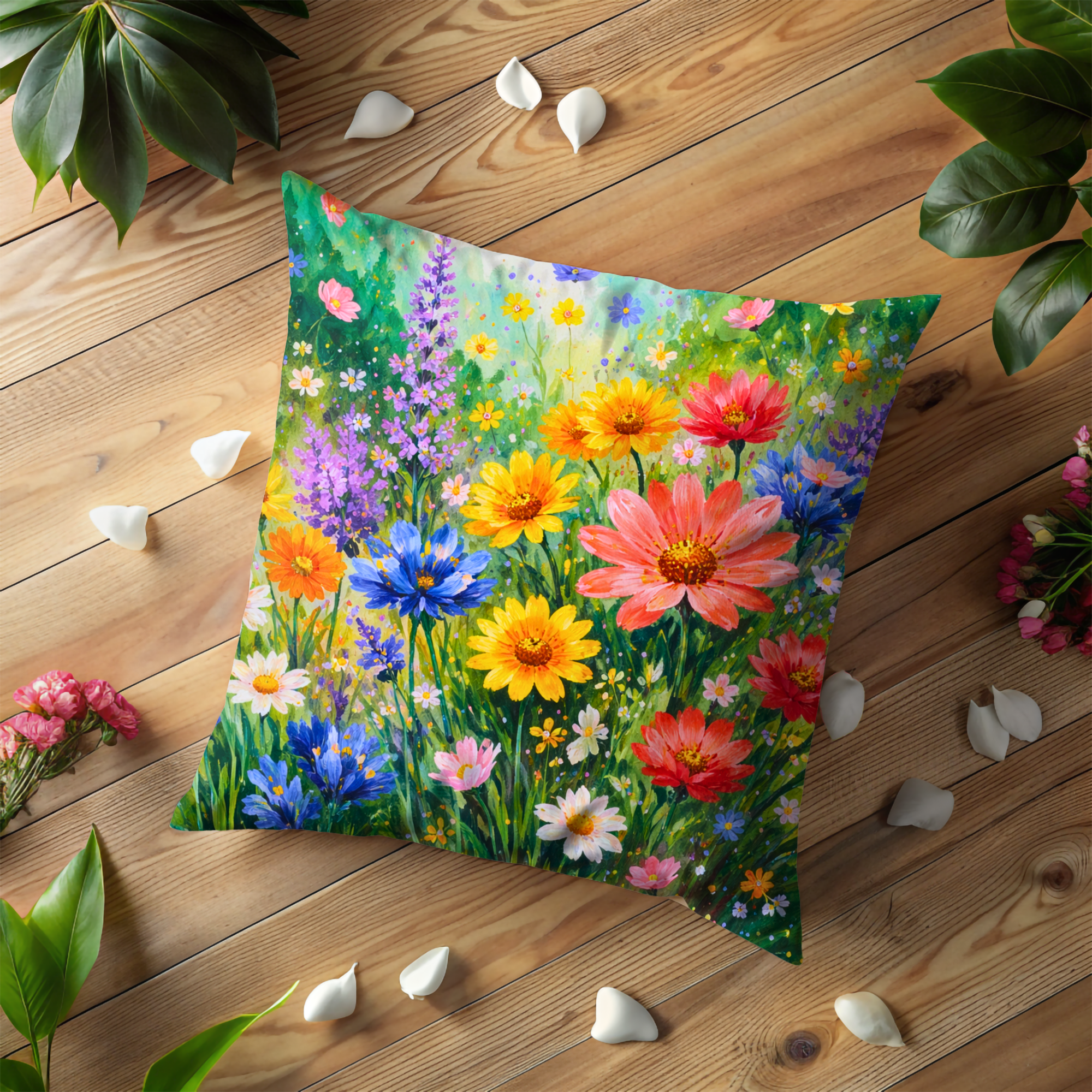 Vibrant Wildflower Meadow Pillow Cover | Colorful Floral Art | Cottagecore Decor