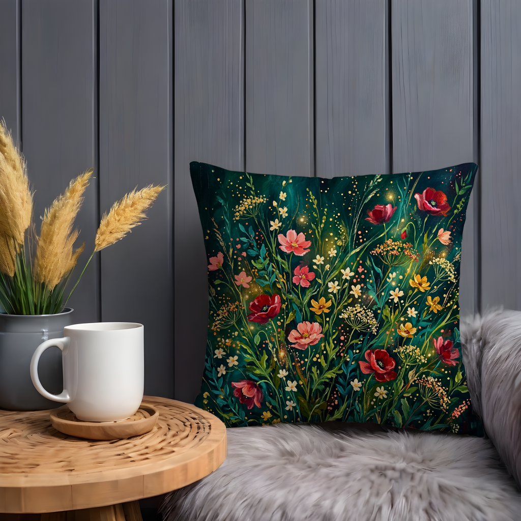 Enchanted Wildflower Meadow Pillow Cover | Mystic Floral Art | Magical Decor