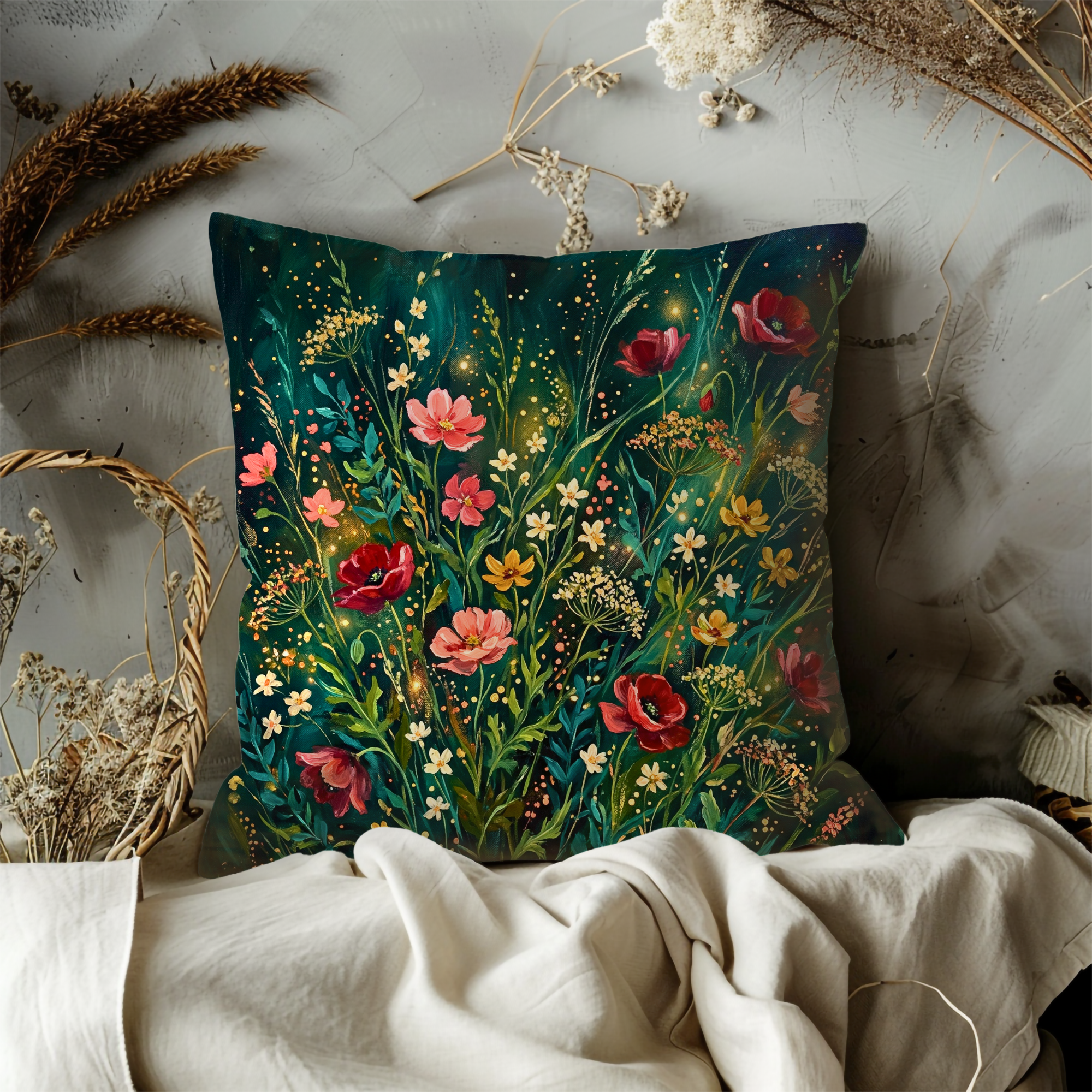 Enchanted Wildflower Meadow Pillow Cover | Mystic Floral Art | Magical Decor