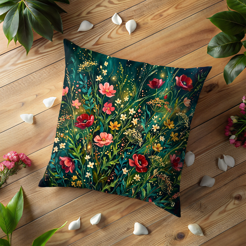 Enchanted Wildflower Meadow Pillow Cover | Mystic Floral Art | Magical Decor