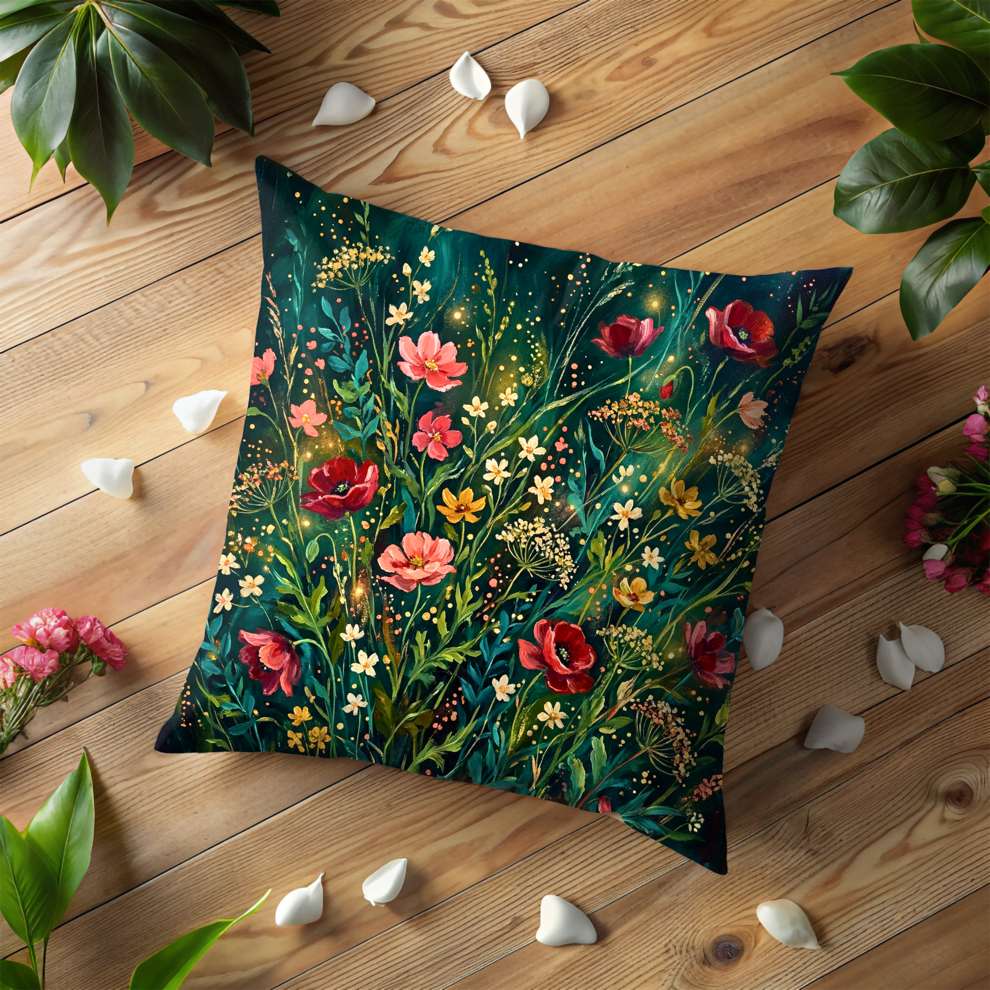 Enchanted Wildflower Meadow Pillow Cover | Mystic Floral Art | Magical Decor