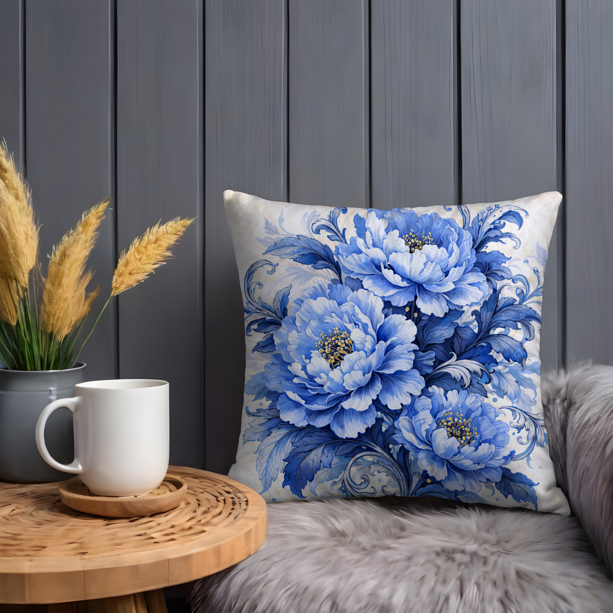 Blue Peony Ornate Pillow Cover | Elegant Floral Art | Classic Decor
