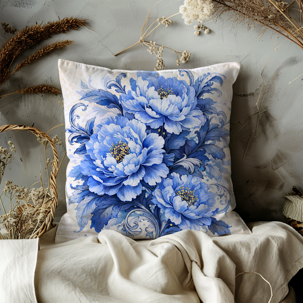 Blue Peony Ornate Pillow Cover – Elegant Floral Art | Classic Decor
