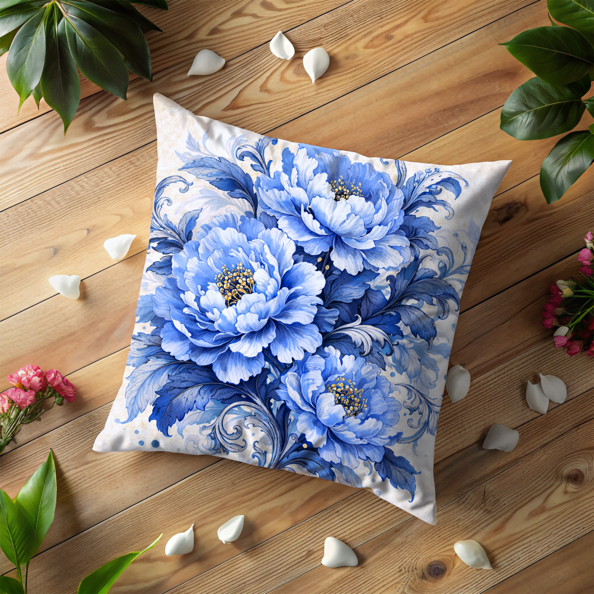Blue Peony Ornate Pillow Cover | Elegant Floral Art | Classic Decor