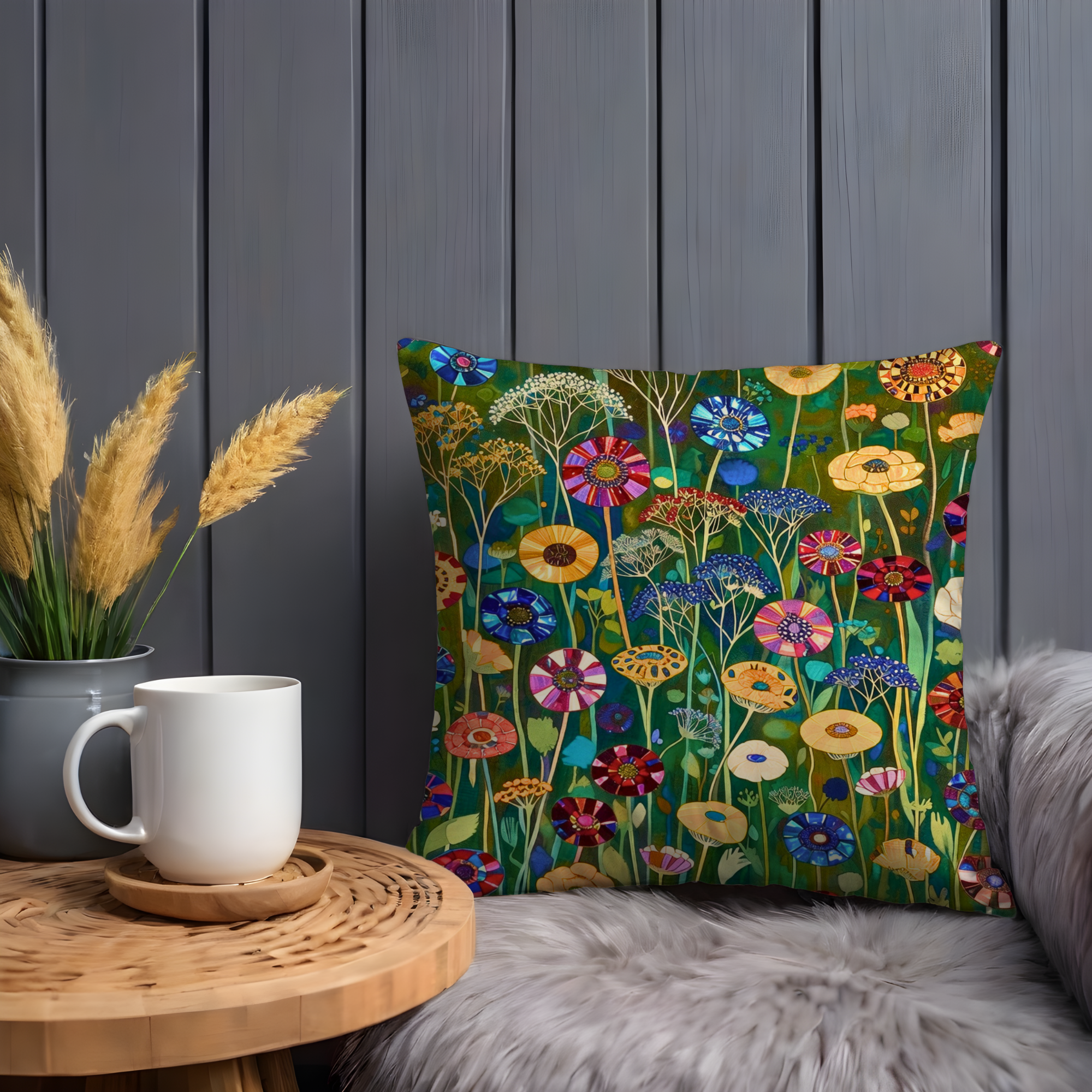 Colorful Folk Meadow Pillow Cover | Vibrant Botanical Art | Whimsical Decor