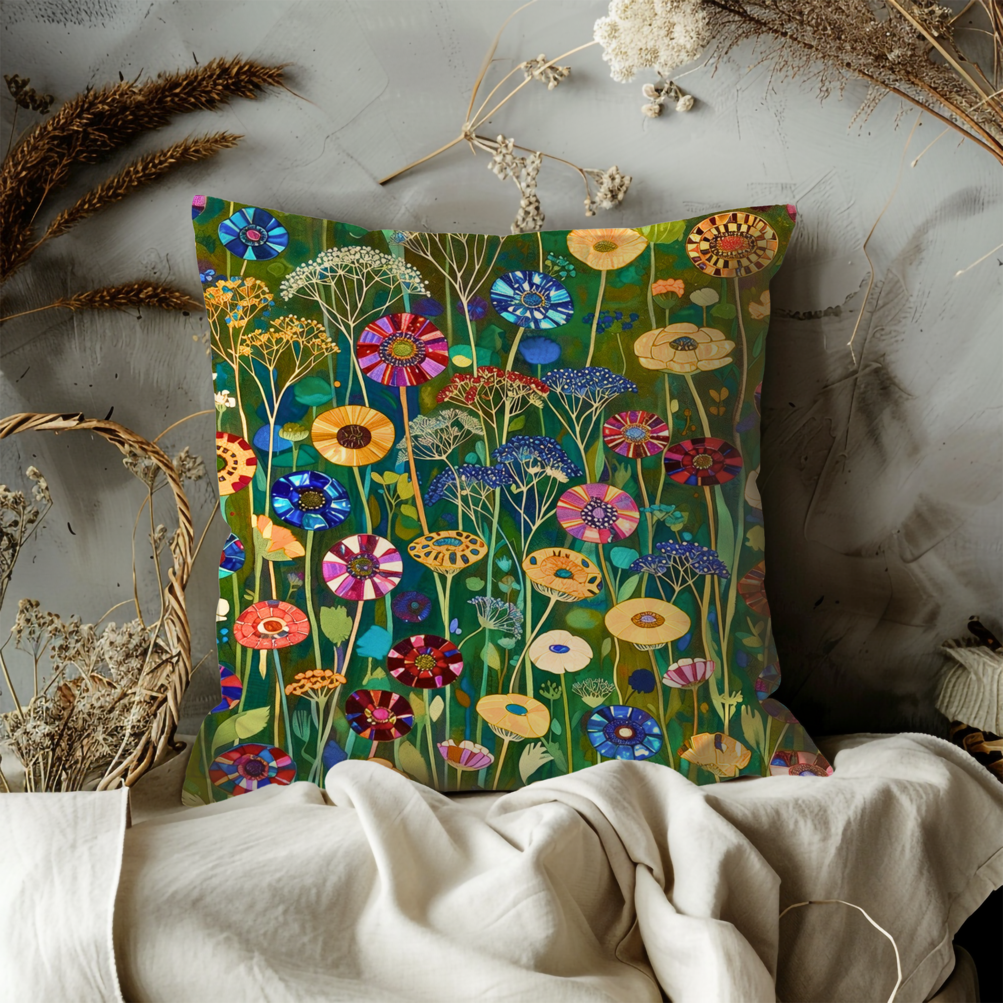 Colorful Folk Meadow Pillow Cover | Vibrant Botanical Art | Whimsical Decor
