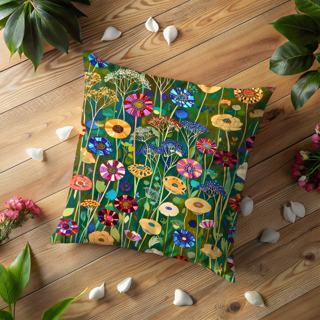 Colorful Folk Meadow Pillow Cover | Vibrant Botanical Art | Whimsical Decor
