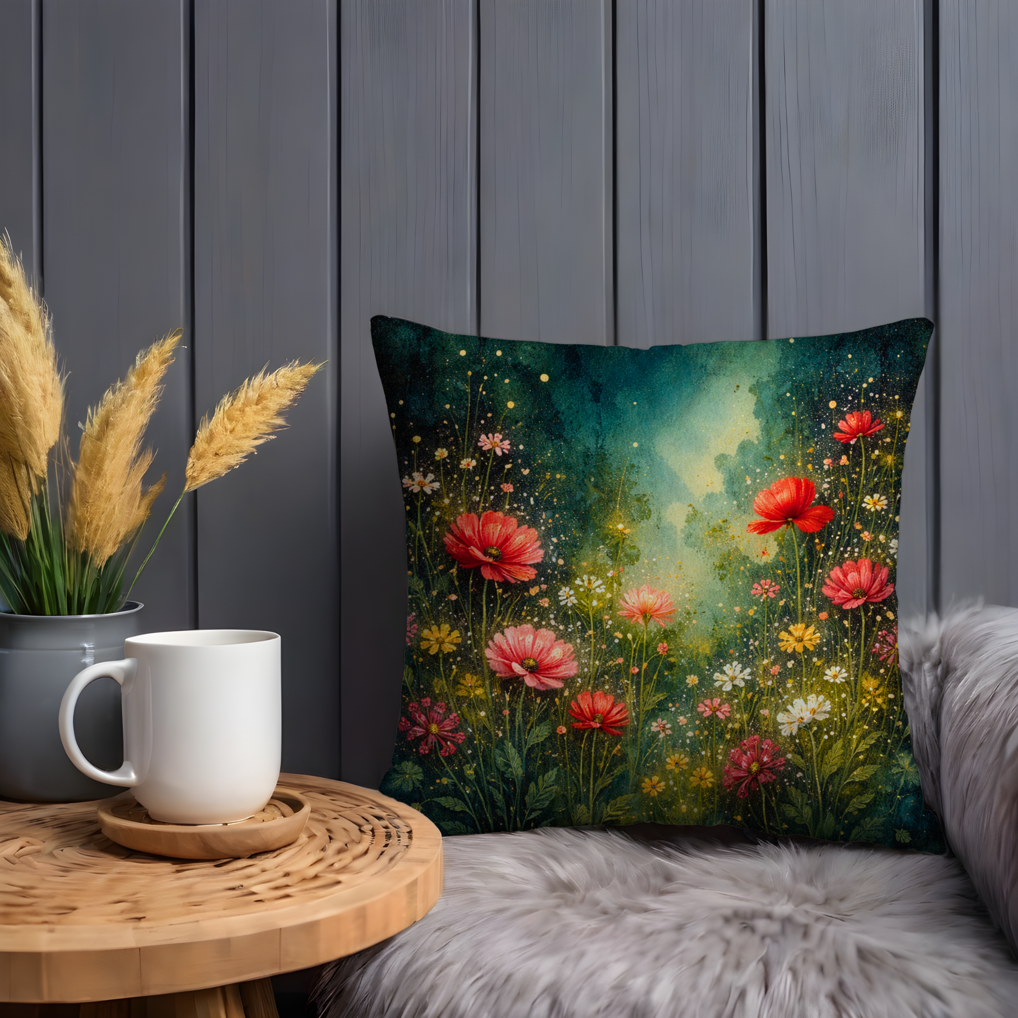 Enchanted Green Meadow Pillow Cover | Mystic Floral Art | Magical Decor