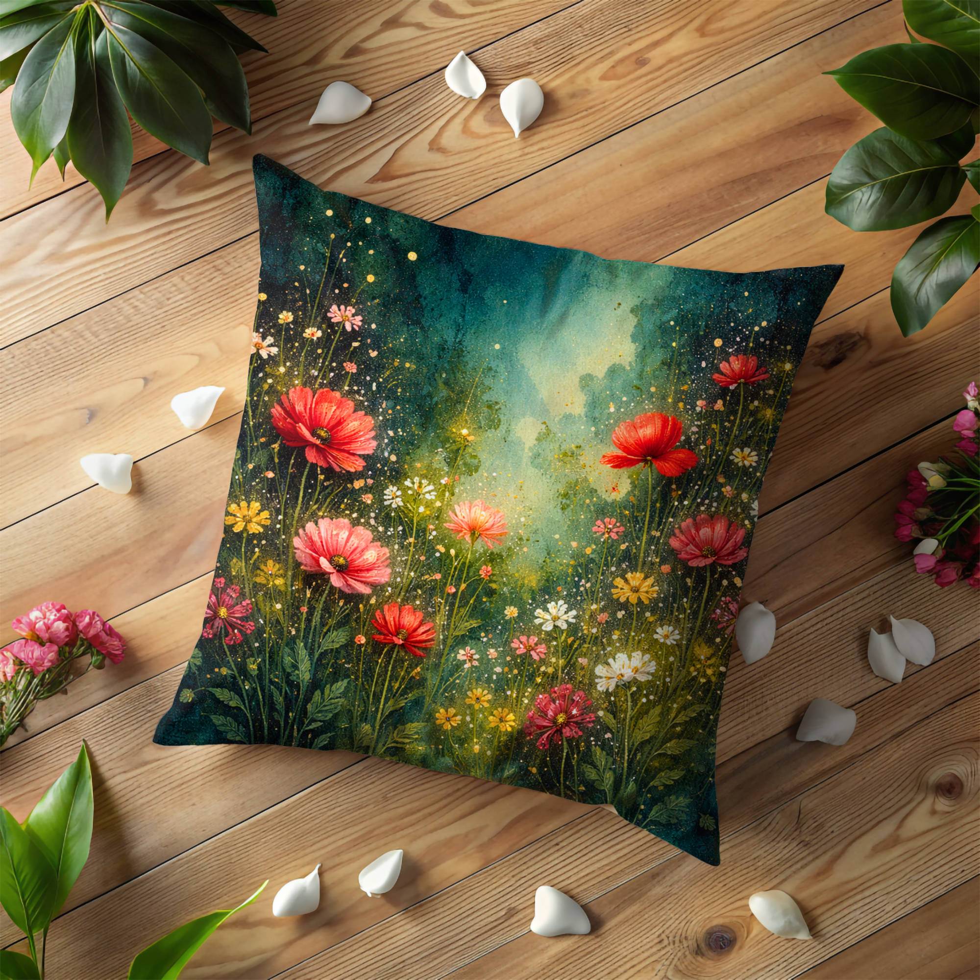 Enchanted Green Meadow Pillow Cover | Mystic Floral Art | Magical Decor