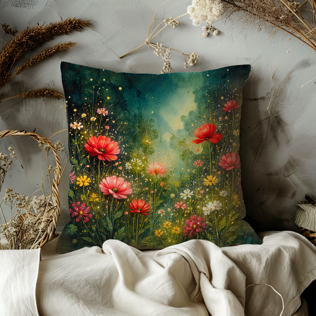 Enchanted Green Meadow Pillow Cover | Mystic Floral Art | Magical Decor