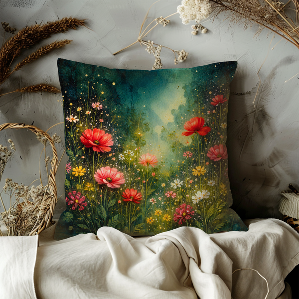 Enchanted Green Meadow Pillow Cover | Mystic Floral Art | Magical Decor