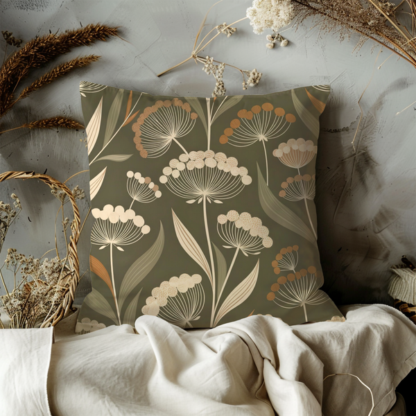 Sage Umbel Flower Pillow Cover – Elegant Botanical Pattern | Minimalist Nature Decor