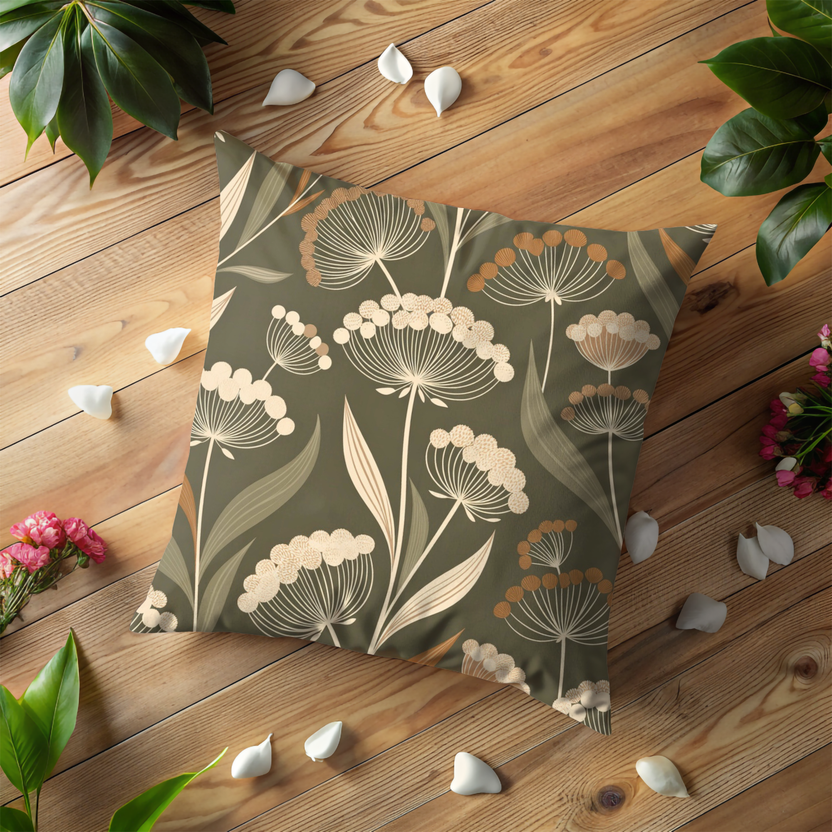 Sage Umbel Flower Pillow Cover – Elegant Botanical Pattern | Minimalist Nature Decor