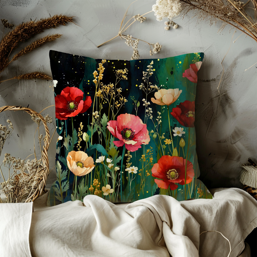 Enchanted Poppy Meadow Pillow Cover | Mystic Floral Art | Magical Decor