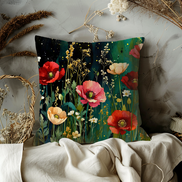 Enchanted Poppy Meadow Pillow Cover | Mystic Floral Art | Magical Decor