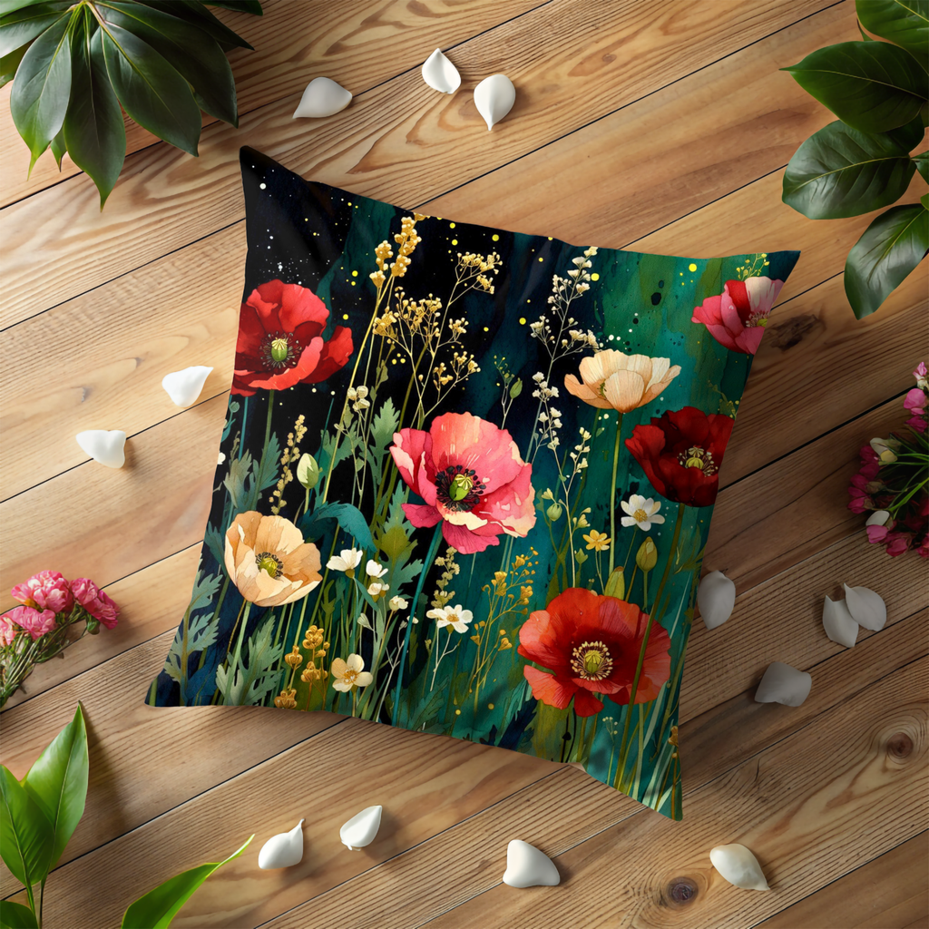 Enchanted Poppy Meadow Pillow Cover | Mystic Floral Art | Magical Decor