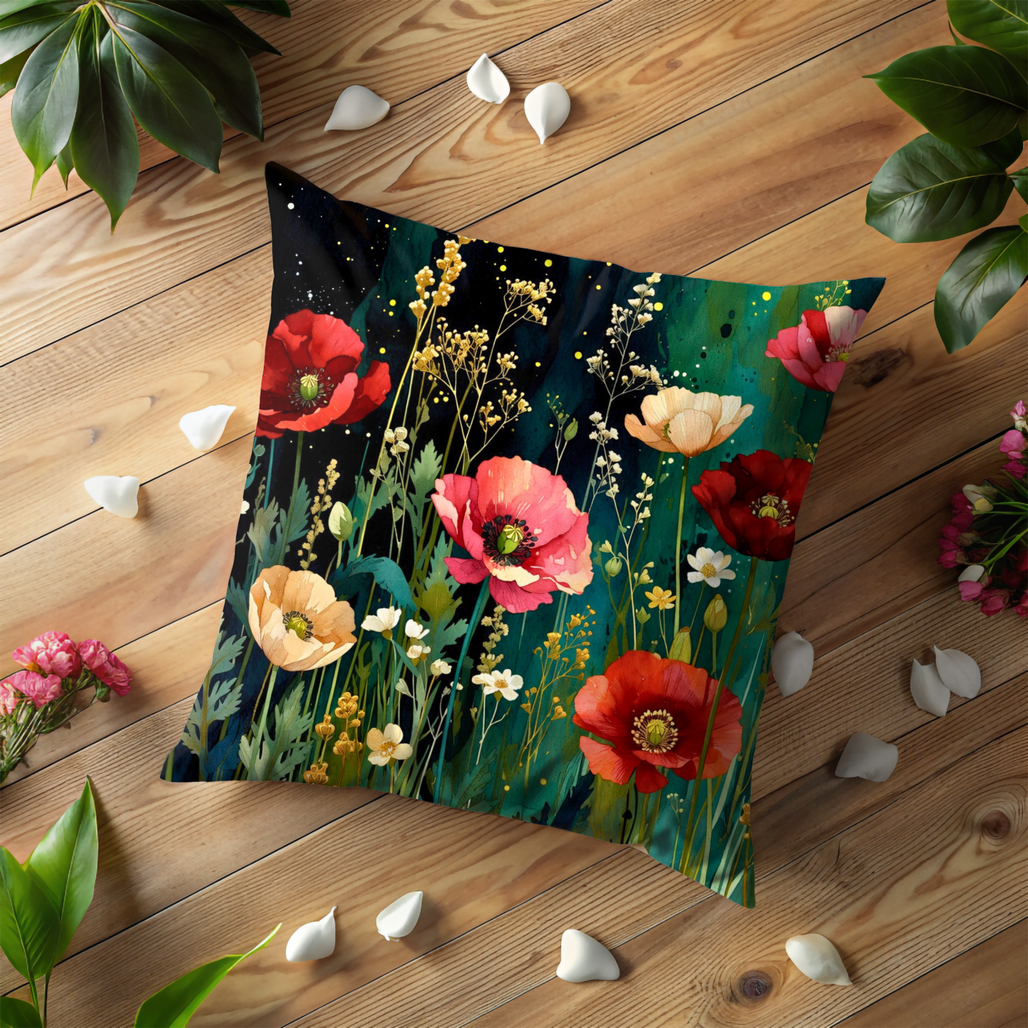 Enchanted Poppy Meadow Pillow Cover | Mystic Floral Art | Magical Decor
