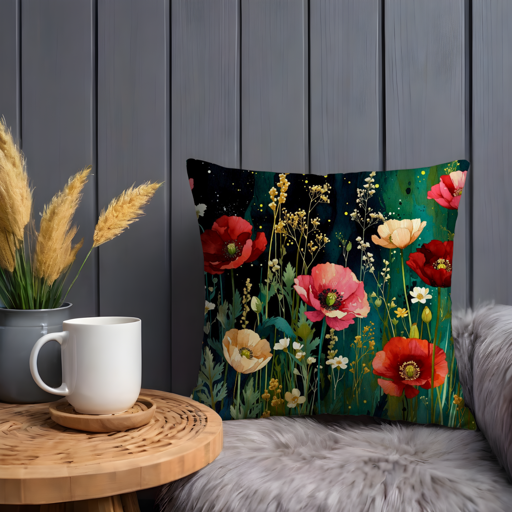 Enchanted Poppy Meadow Pillow Cover | Mystic Floral Art | Magical Decor