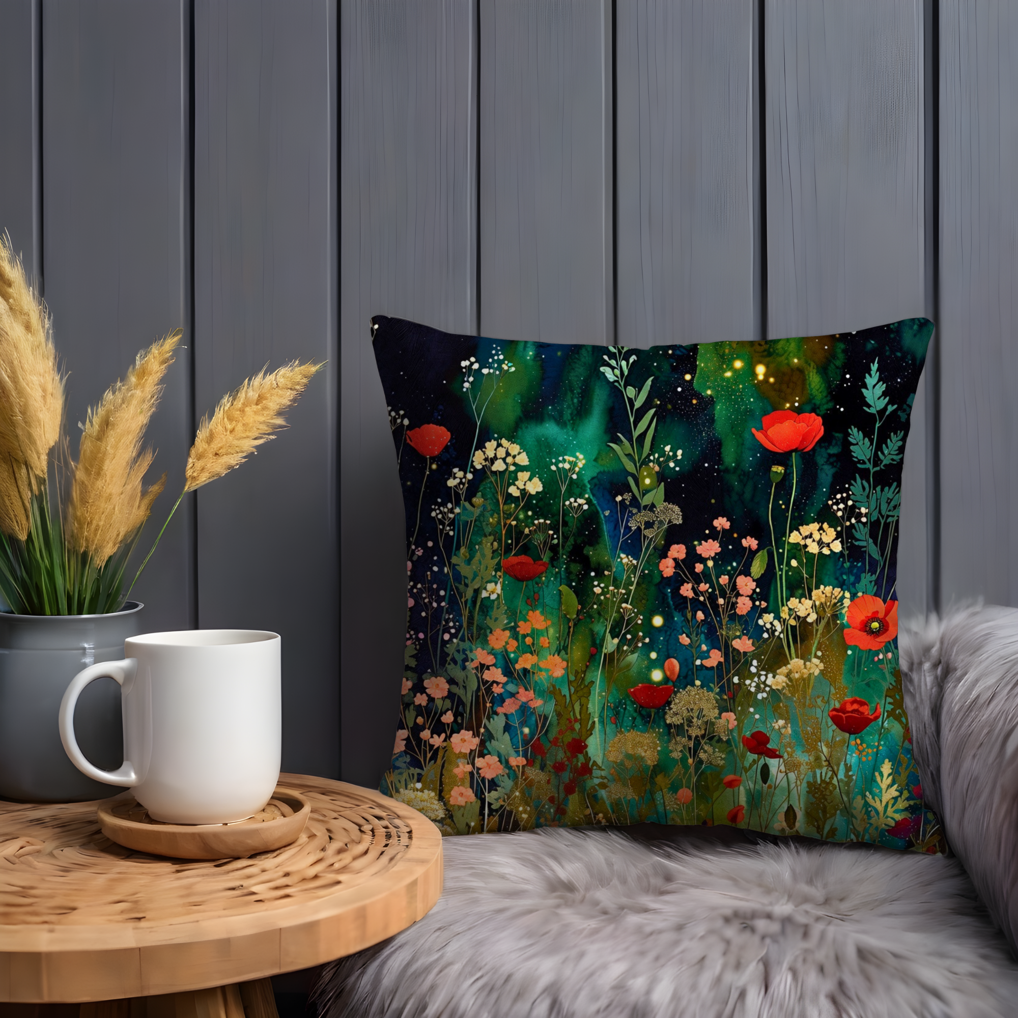 Starry Wildflower Meadow Pillow Cover | Mystical Floral Art | Enchanted Nature Decor
