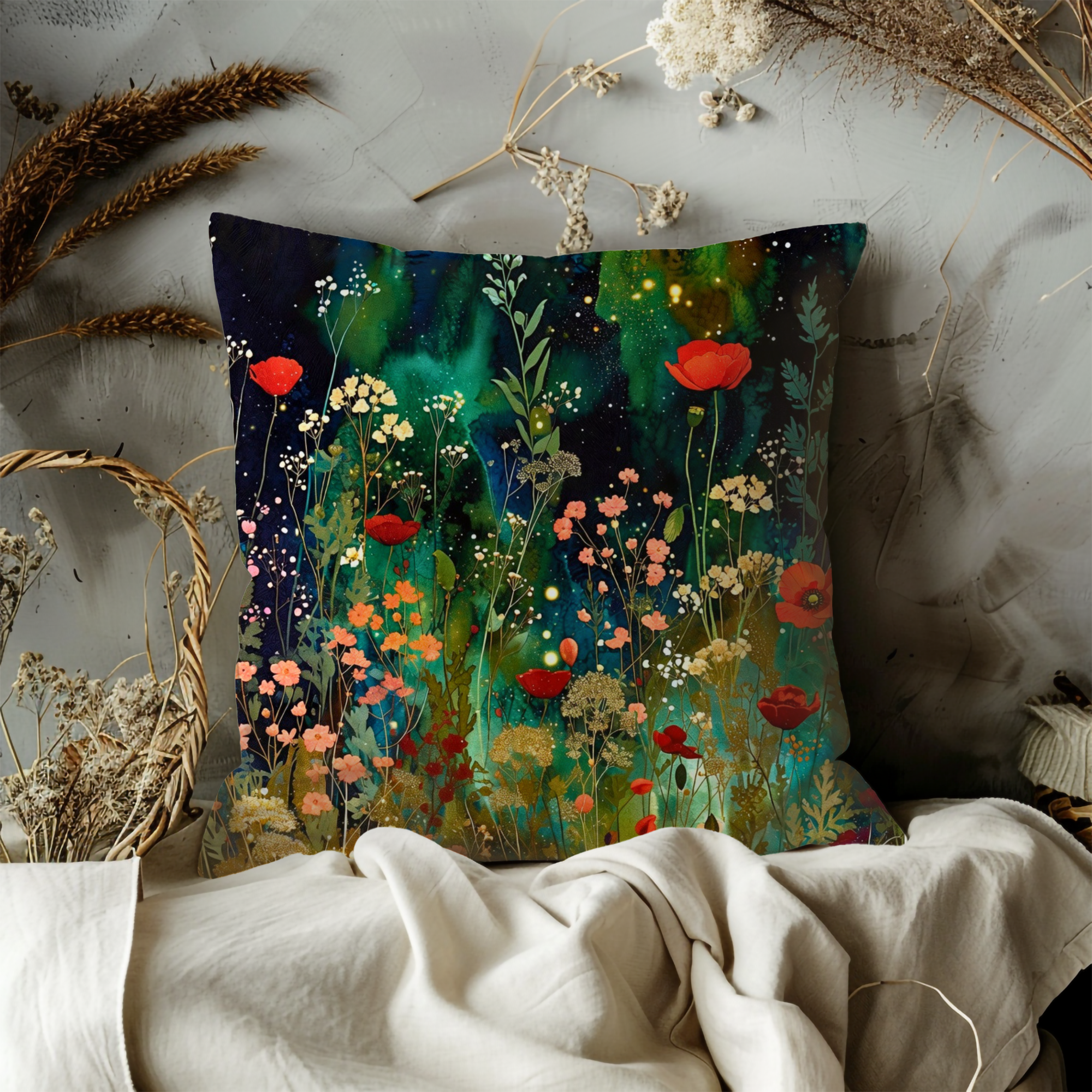 Starry Wildflower Meadow Pillow Cover | Mystical Floral Art | Enchanted Nature Decor