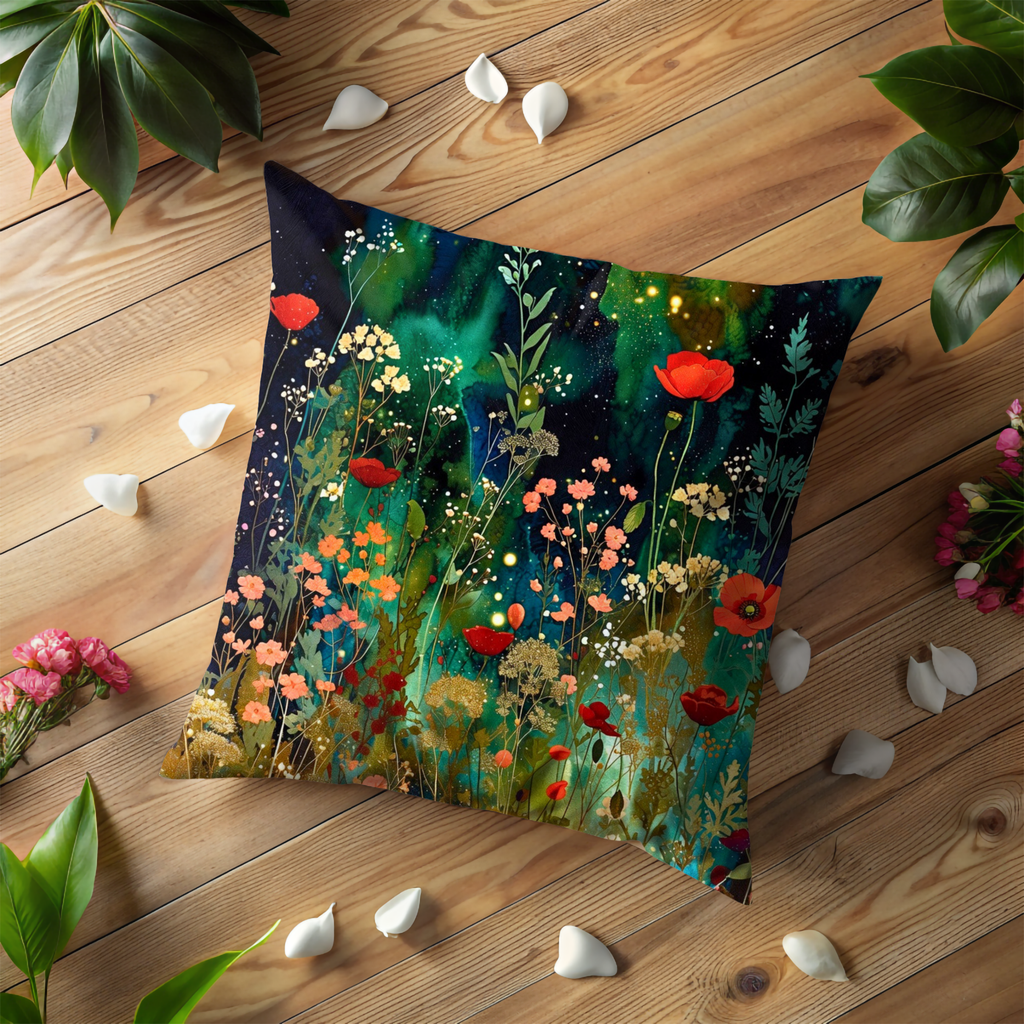 Starry Wildflower Meadow Pillow Cover | Mystical Floral Art | Enchanted Nature Decor