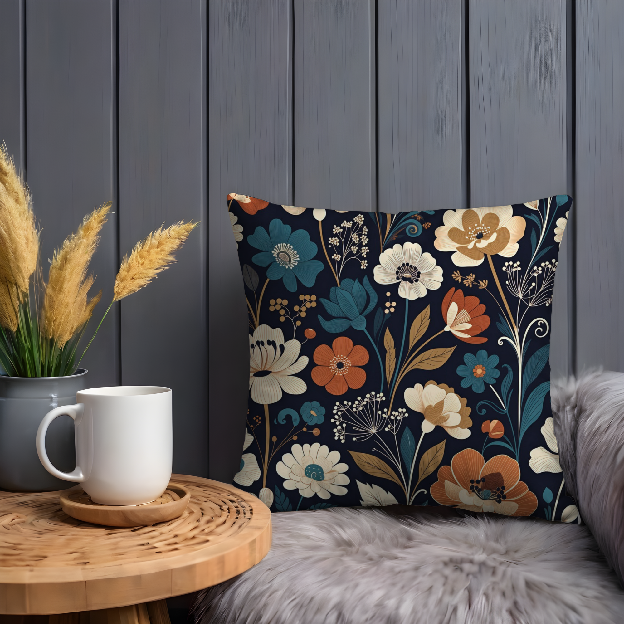 Navy Floral Pattern Pillow Cover | Elegant Botanical Art | Classic Decor