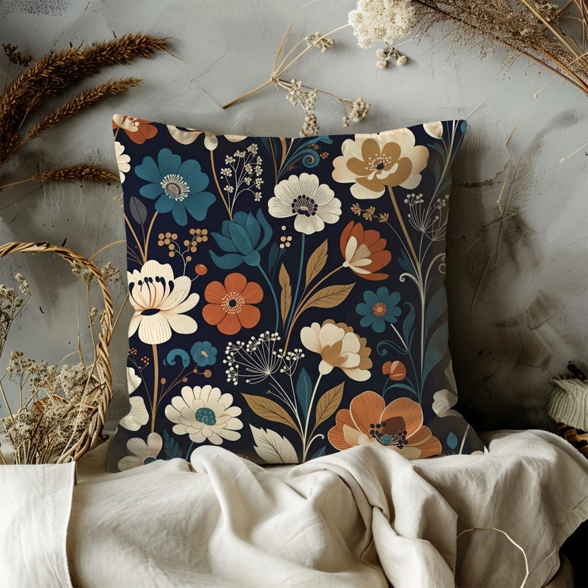Navy Floral Pattern Pillow Cover – Elegant Botanical Art | Classic Decor