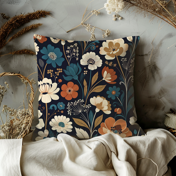 Navy Floral Pattern Pillow Cover – Elegant Botanical Art | Classic Decor