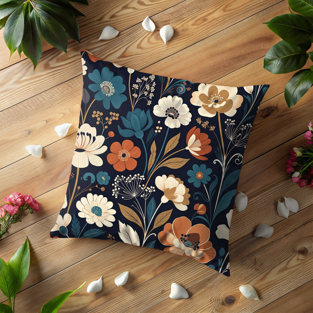 Navy Floral Pattern Pillow Cover | Elegant Botanical Art | Classic Decor