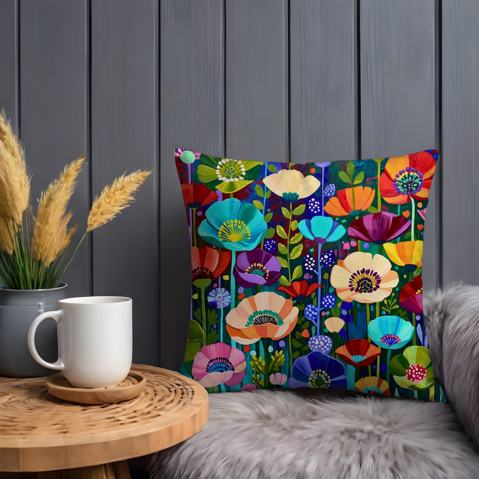 Vibrant Rainbow Poppy Meadow Pillow Cover | Bold Floral Art | Whimsical Decor
