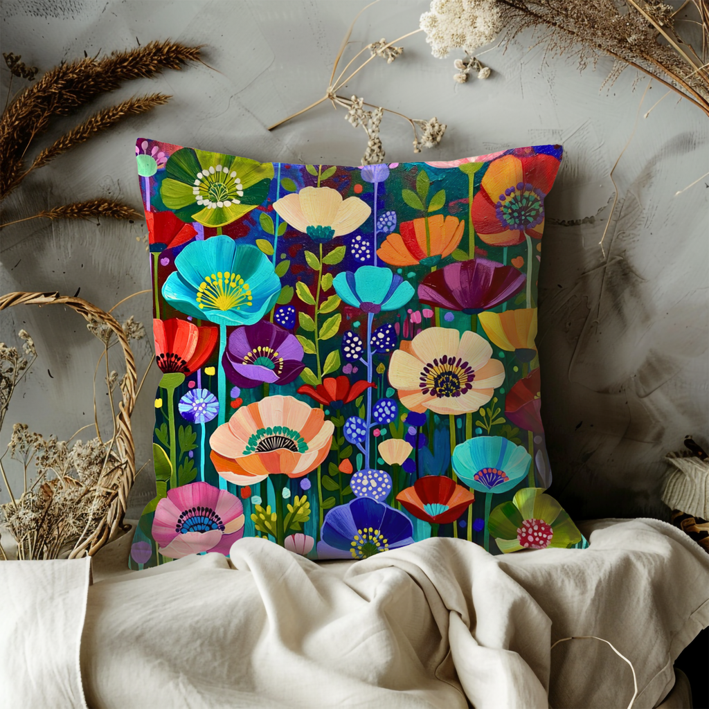 Vibrant Rainbow Poppy Meadow Pillow Cover | Bold Floral Art | Whimsical Decor