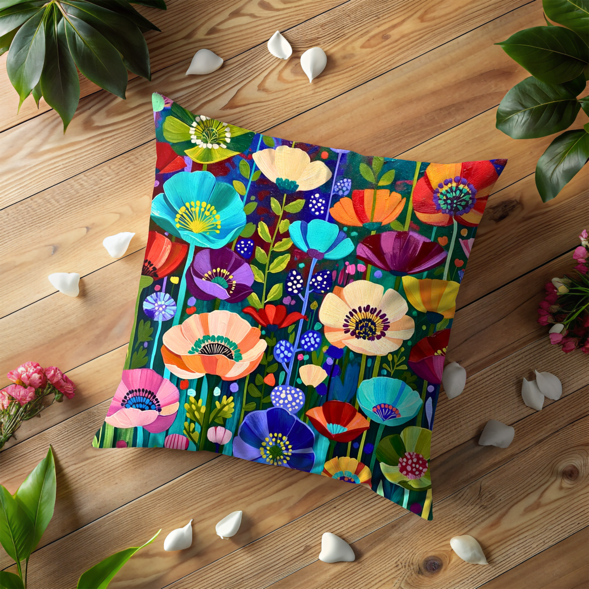 Vibrant Rainbow Poppy Meadow Pillow Cover | Bold Floral Art | Whimsical Decor