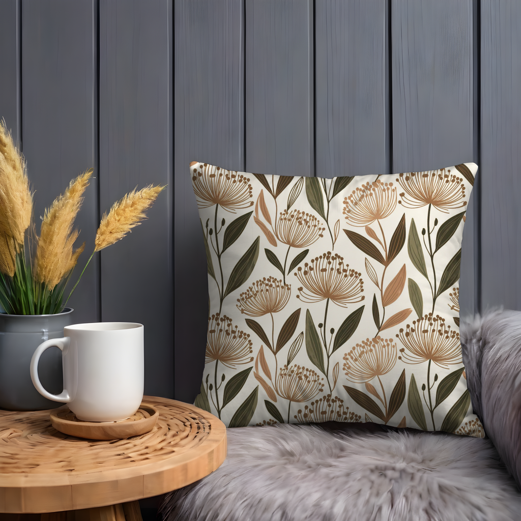 Earthy Allium Flower Pattern Pillow Cover | Modern Botanical Art | Neutral Decor